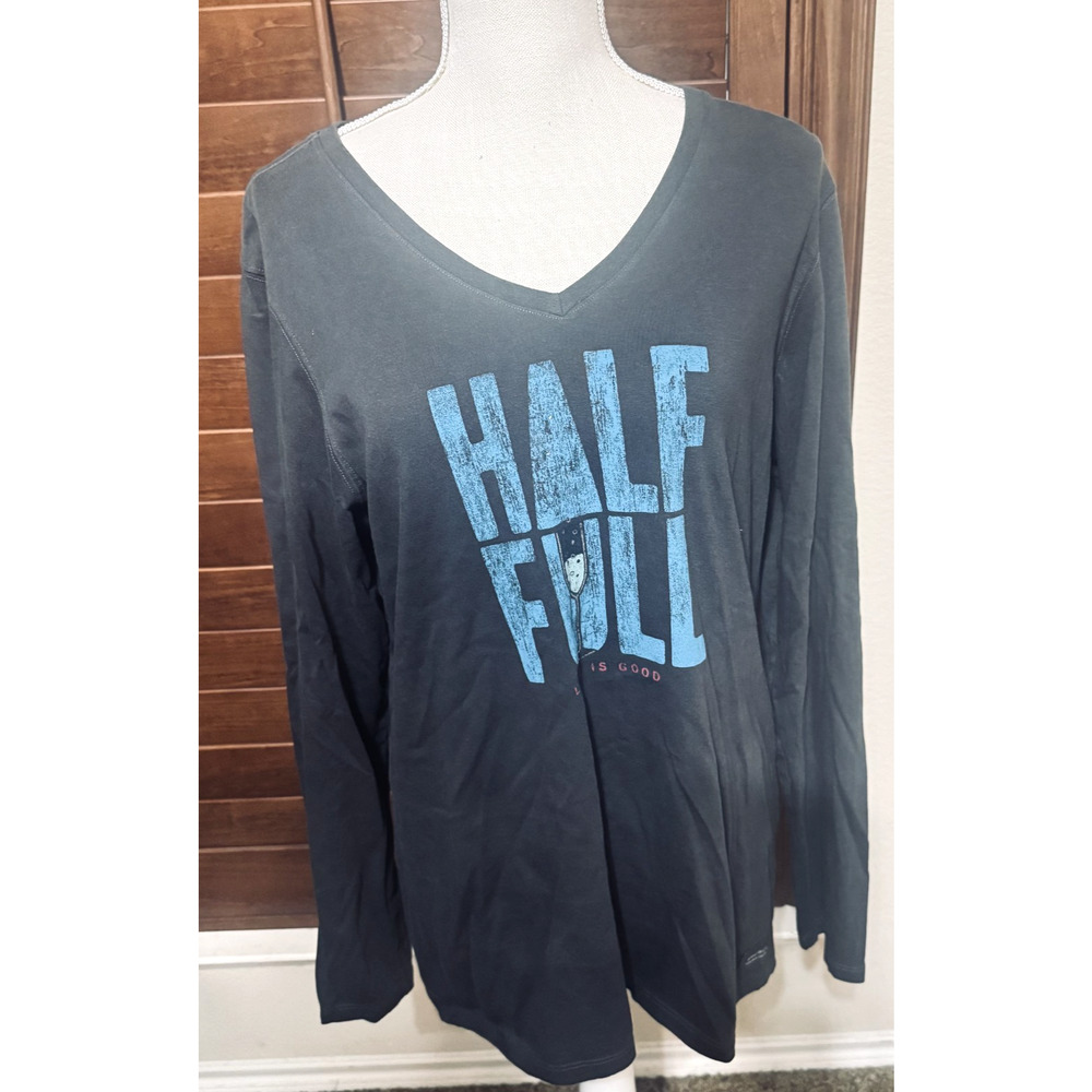 LIFE IS GOOD T-shirt Classic Fit Long Sleeve Glass Half Full Wine Grey womens L